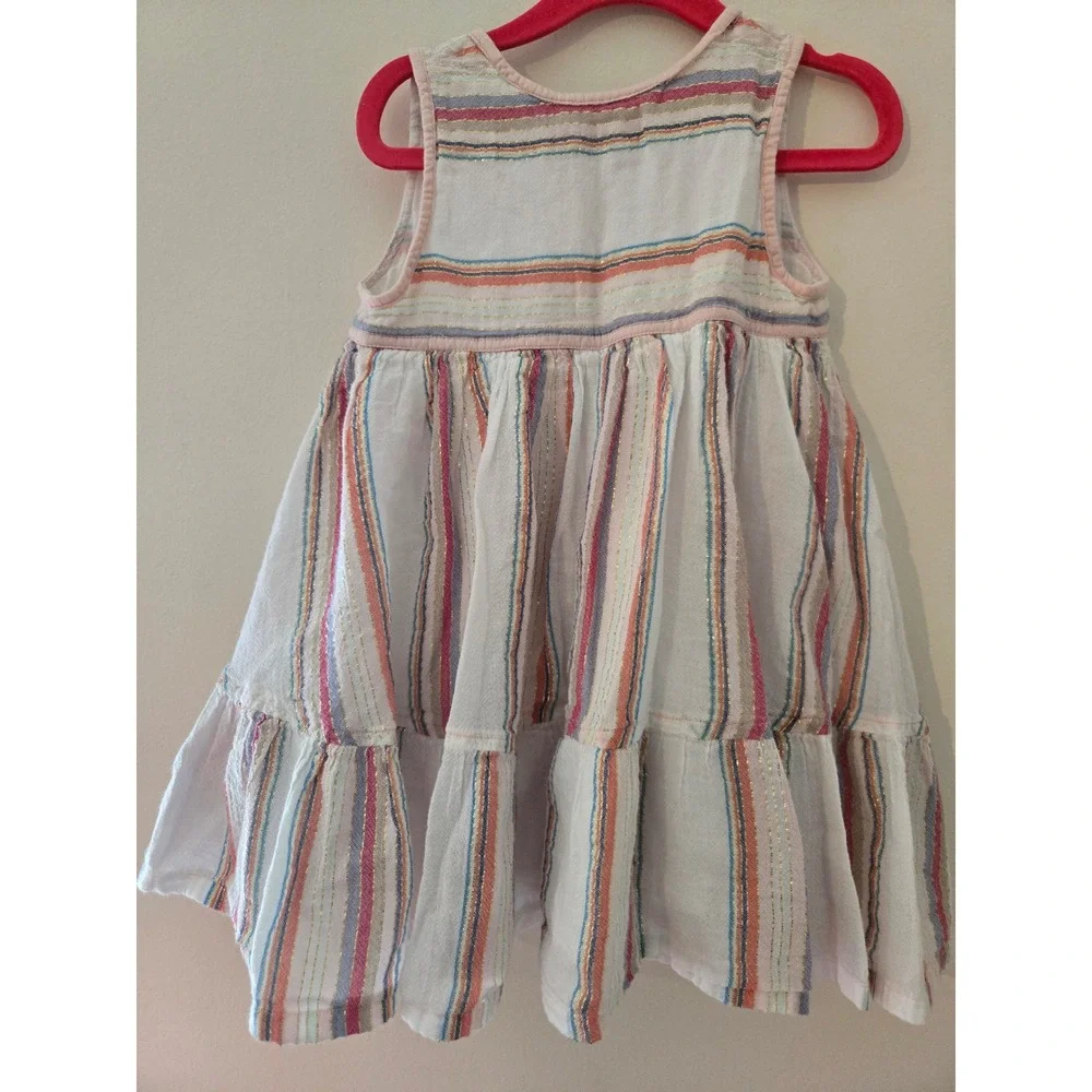 Pink Chicken Girls 2Y Striped Metallic Lurex Tiered Gauze Dress White Pink Blue